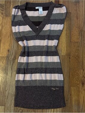 DKNY Pink, Gray and Black Striped Off-the-Shoulder Sweater